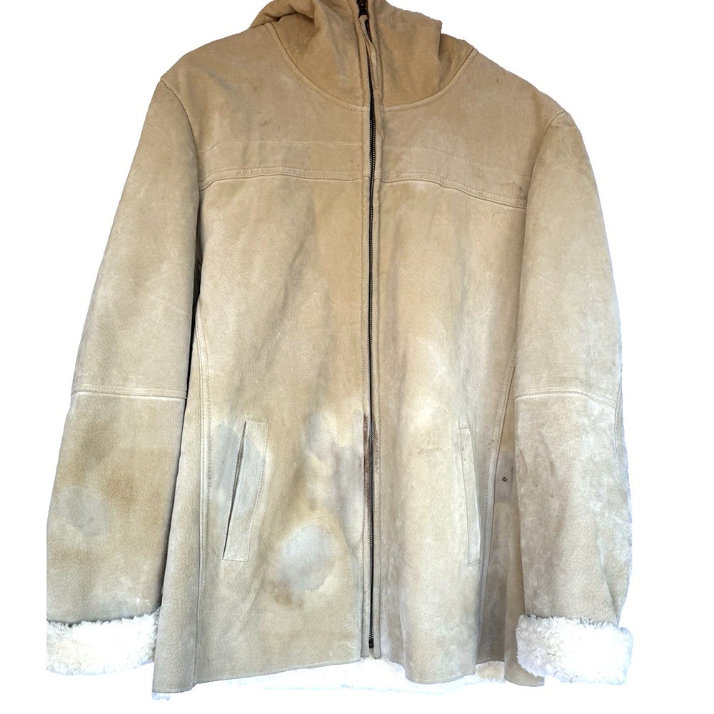 Jones NY Womens Penny Lane Suede Faux Fur Lined Coat Size L Hood Zip Tan *flaws